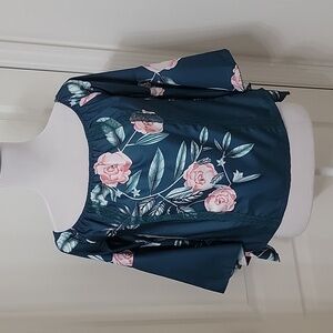 ChicMe Size M Off-the-Shoulder Dark Teal/Pink Floral Bell Sleeve Blouse, EUC